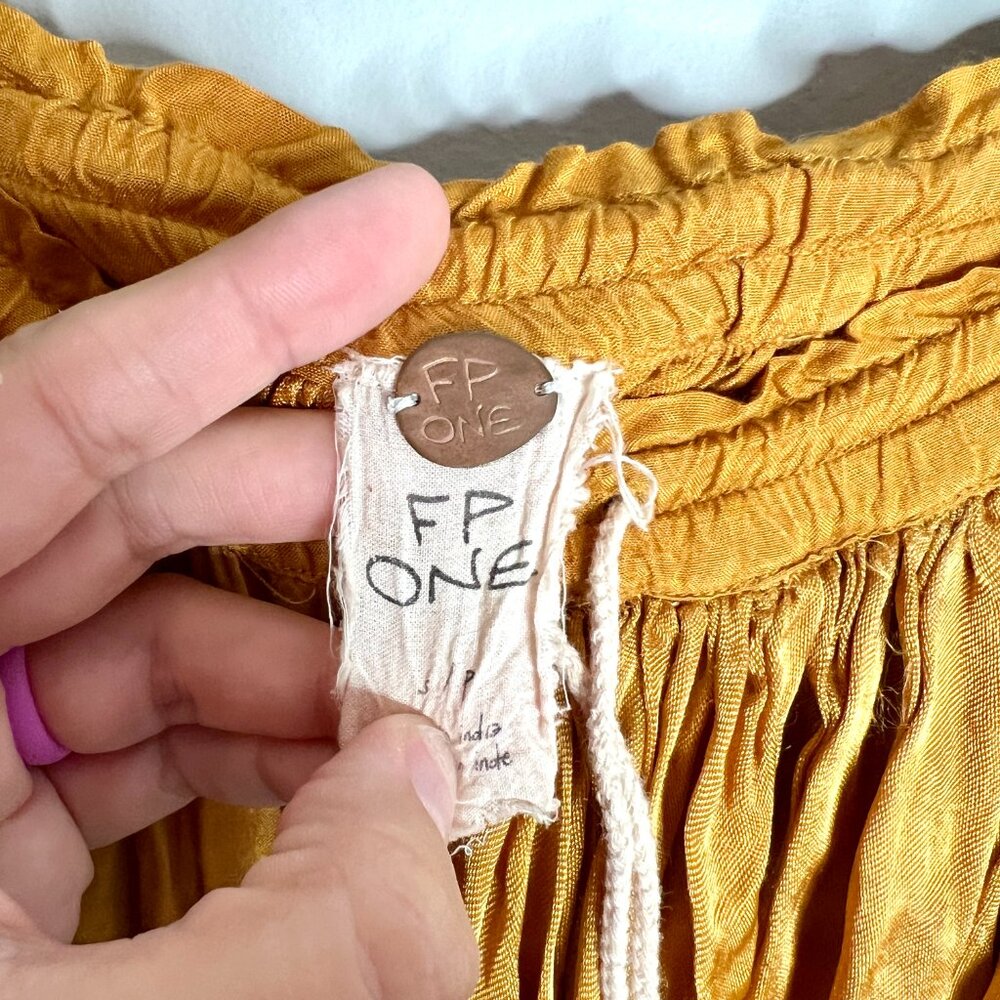 Free People FP One Golden Mustard Yellow Crinkle Maxi Skirt Bohemian Ethereal S - Picture 3 of 5